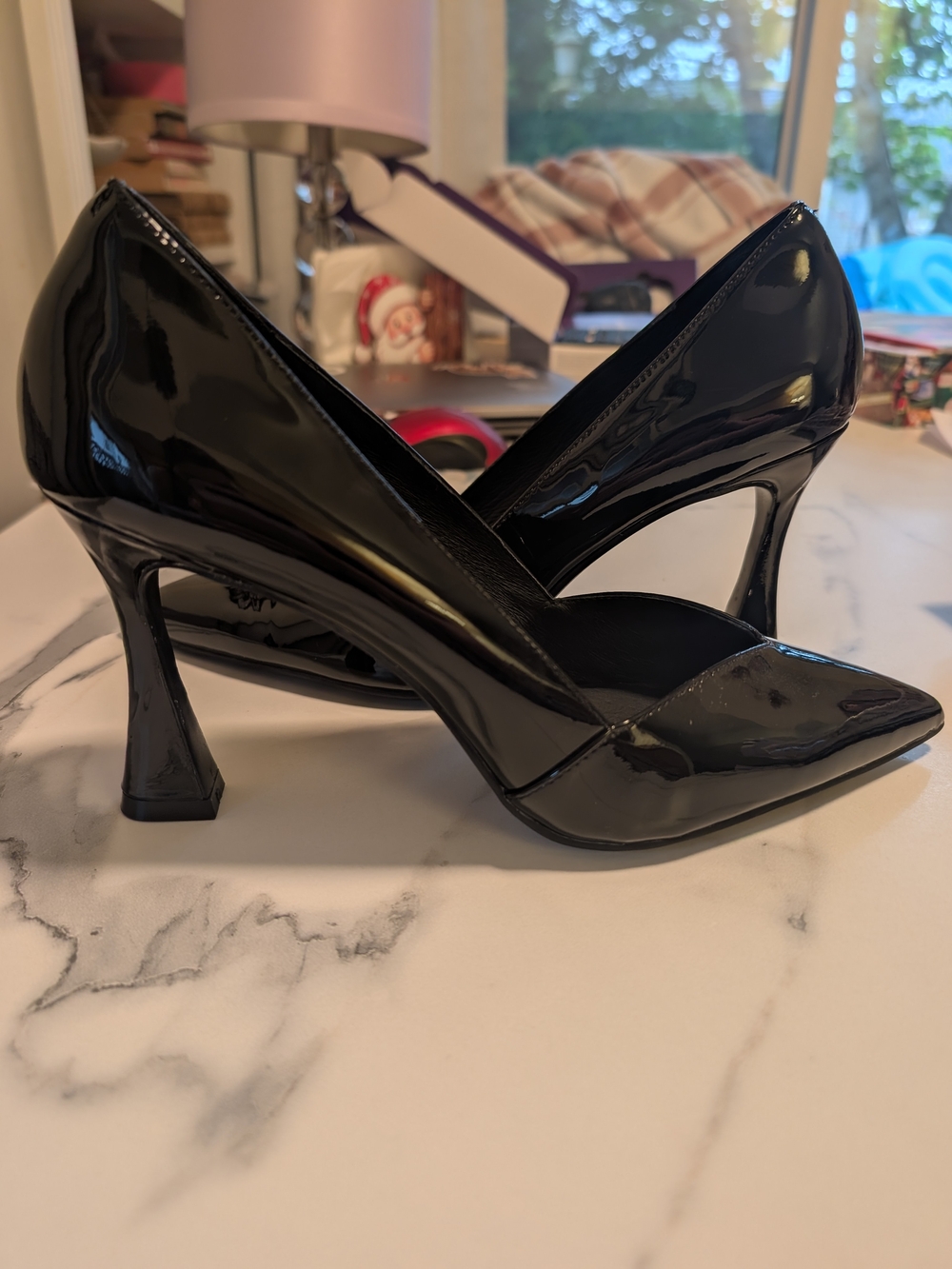 Wishbone Pointed Toe Patent Heels in Black